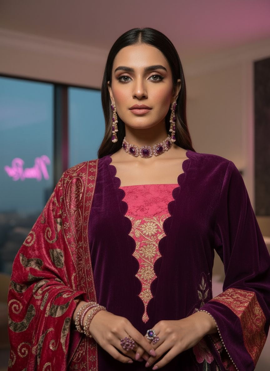 Hajra Purple Velvet Ready to Wear 3 Pcs Embroidered Dress with Palachi