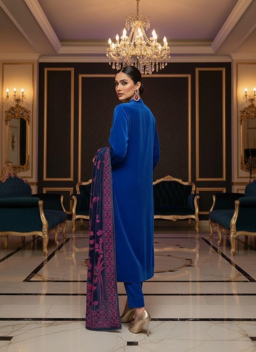 Royal Blue Embroidered Velvet 3 Pcs Dress with Palachi Shawl
