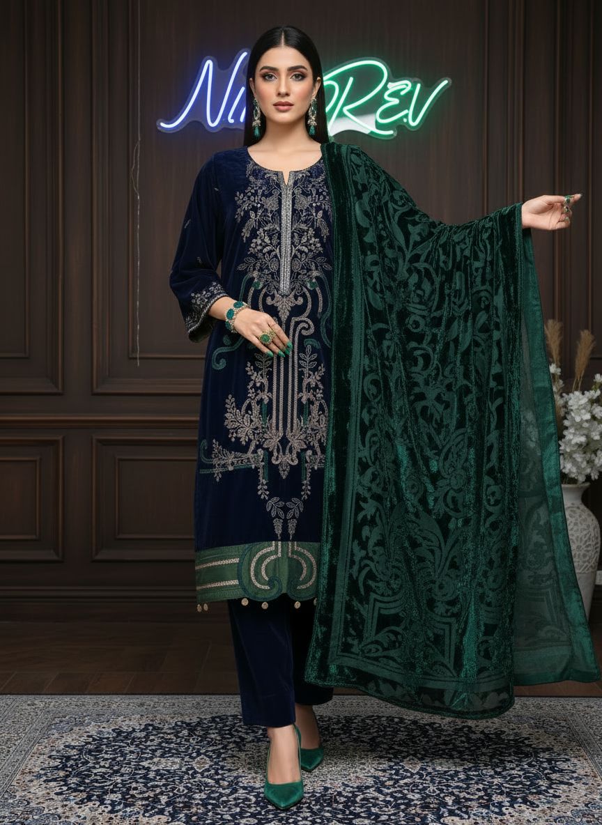 Khushbakht Velvet Ready to Wear 3 Pcs Embroidered Dress
