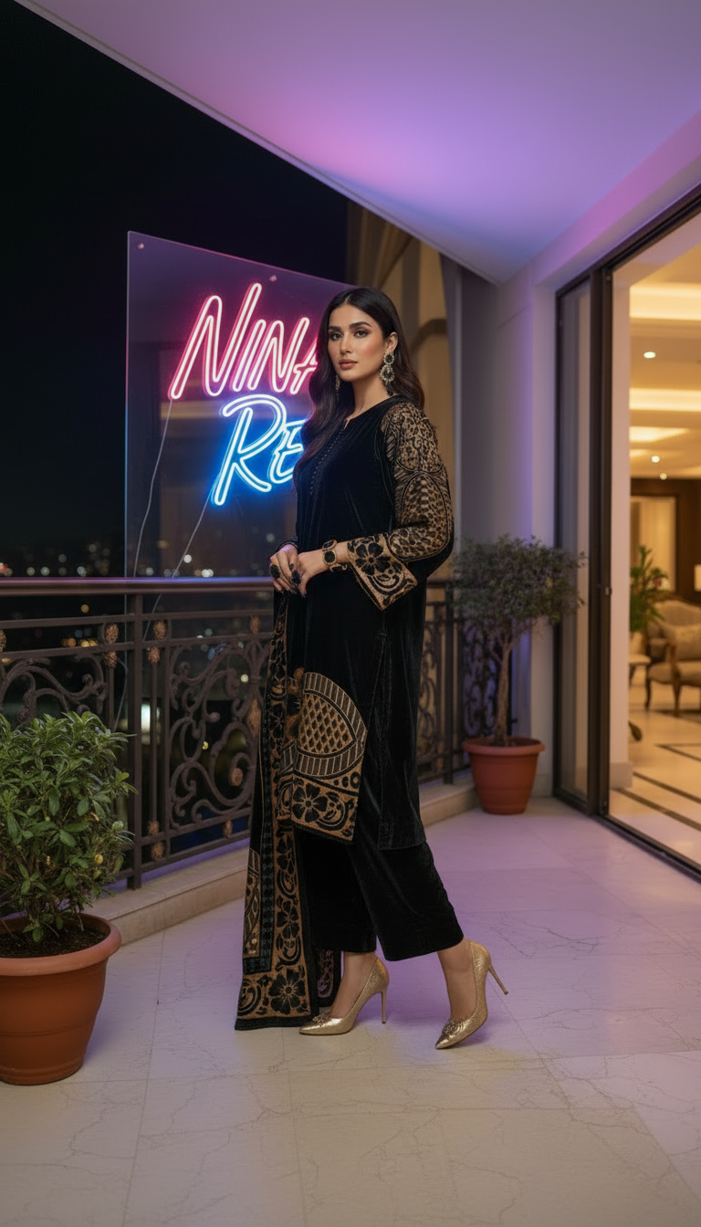 Tia French Velvet Black Dress with Palachi Shawl