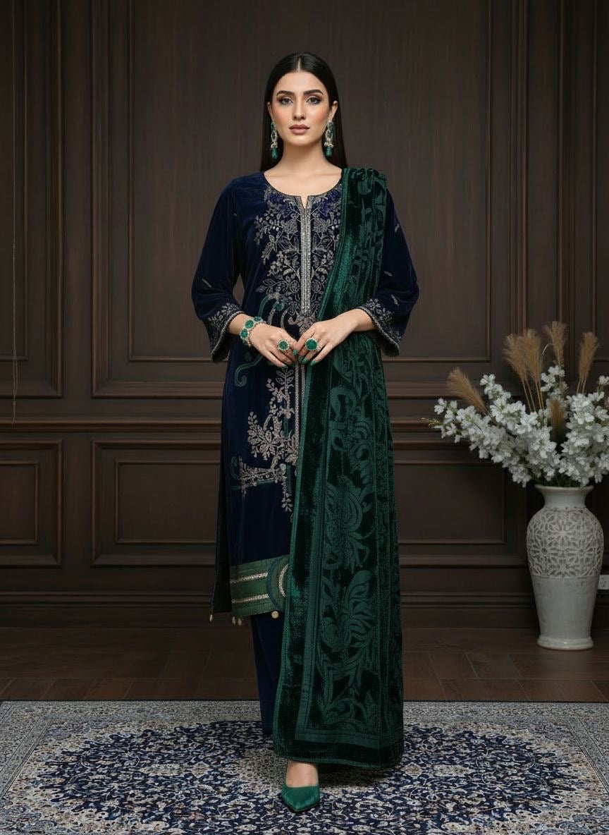 Khushbakht Velvet Ready to Wear 3 Pcs Embroidered Dress