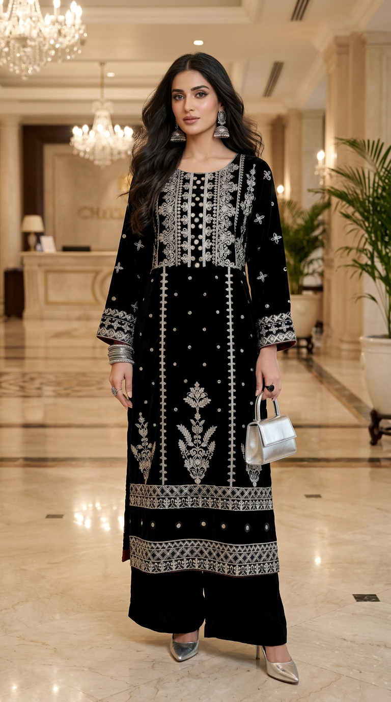 Chandani Micro Velvet Ready to Wear 2 Pcs Embroidered Dress