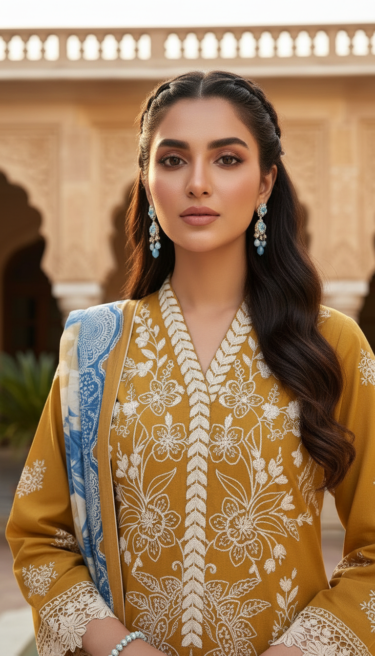 Sharvi Mustard Chikankari Embroidered 3 Pcs Dress