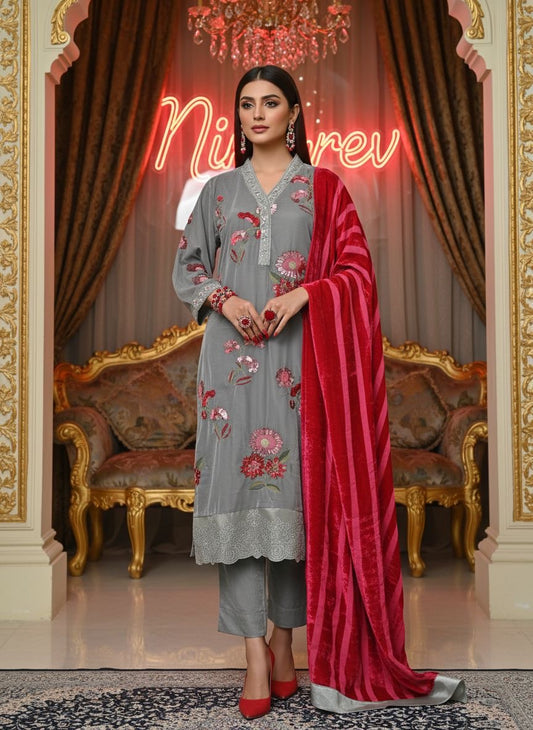Nudrat Grey Velvet Ready to Wear 3 pcs Embroidered Dress with Palachi Shawl