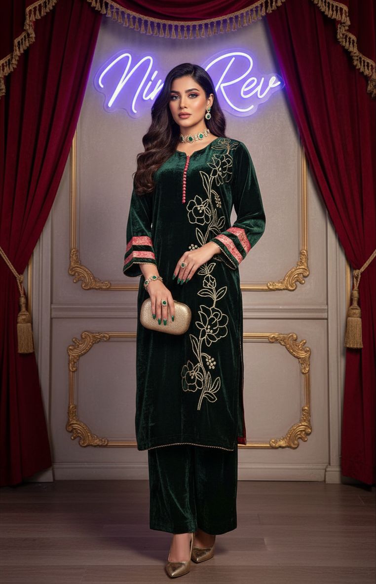Karam Green Velvet Ready to Wear 2 Pcs Embroidered Dress