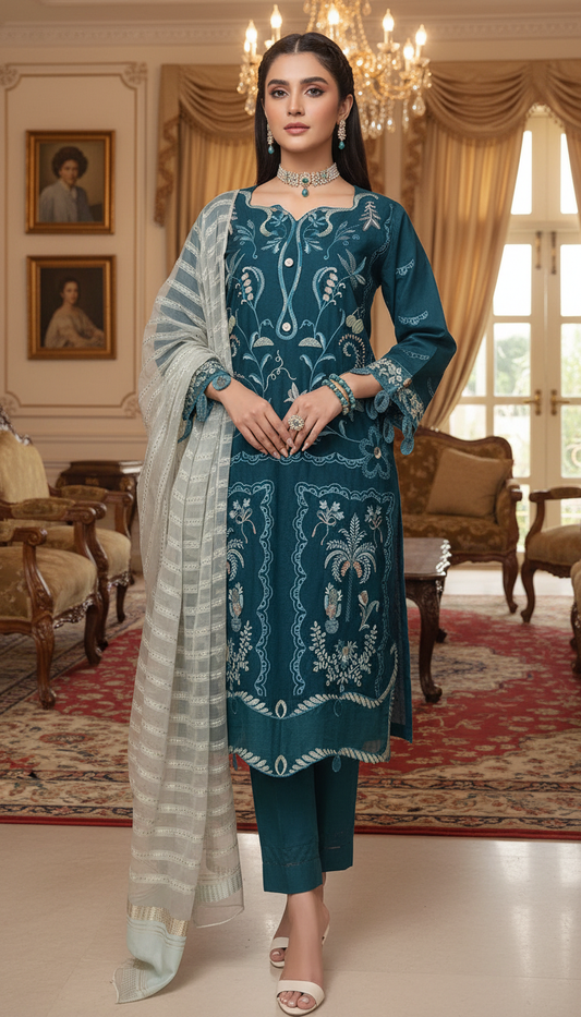 Rubab Teal Ready to Wear 3 Pcs Full Embroidered  Lawn Dress