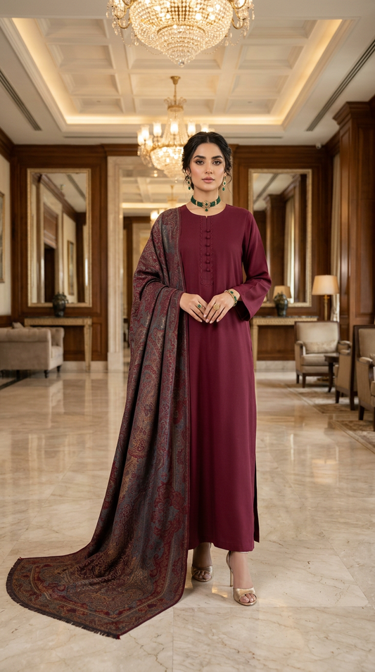 Rabail maroon Kani shawl Ready to Wear 3 Pcs Dress