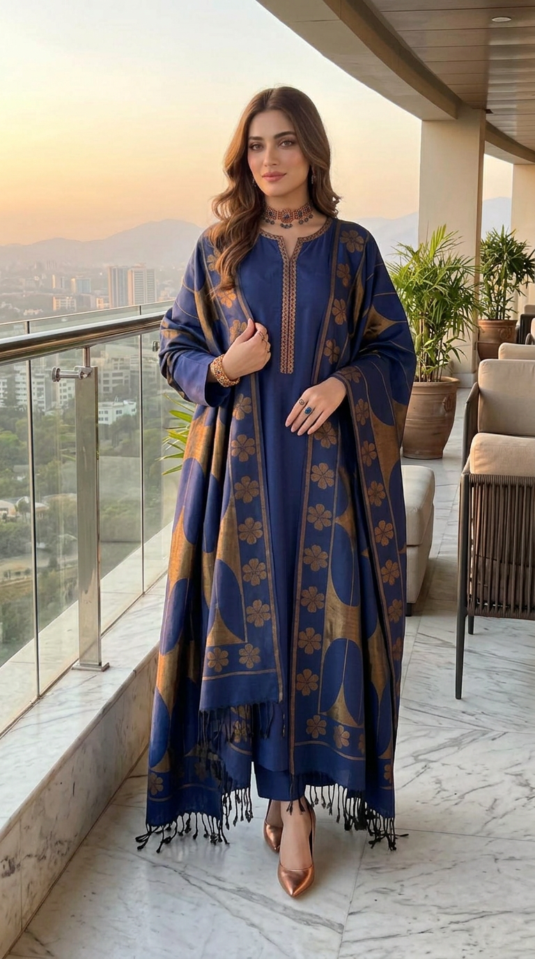 Bronze and Blue Kani shawl Ready to Wear 3 Pcs Dress