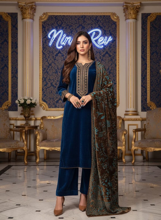 Freya Velvet Embroidered Ready to Wear 3 Pcs Dress with Palachi Shawl