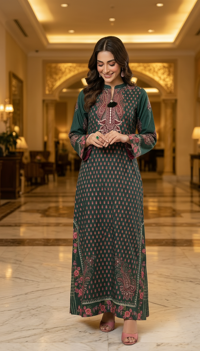 Kashaf Green Linen 2 Pcs Kaftan Dress