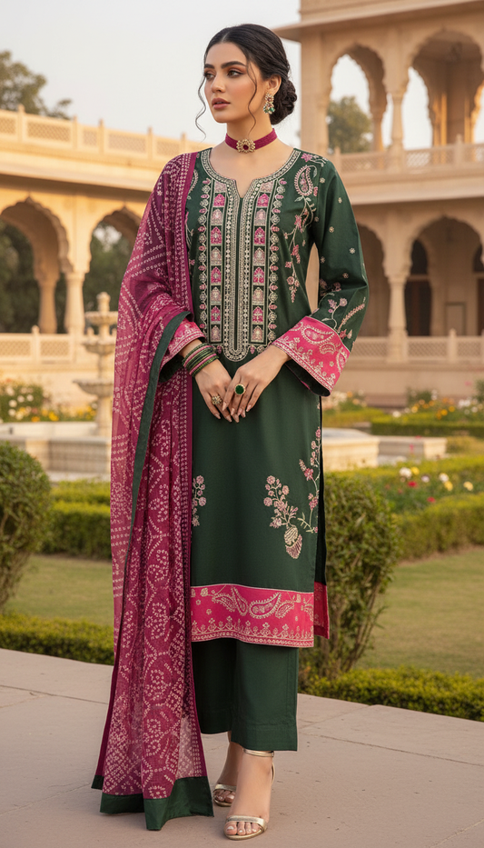 Green Grace Fully Embroidered 3 Pcs Dress with Chiffon dopatta