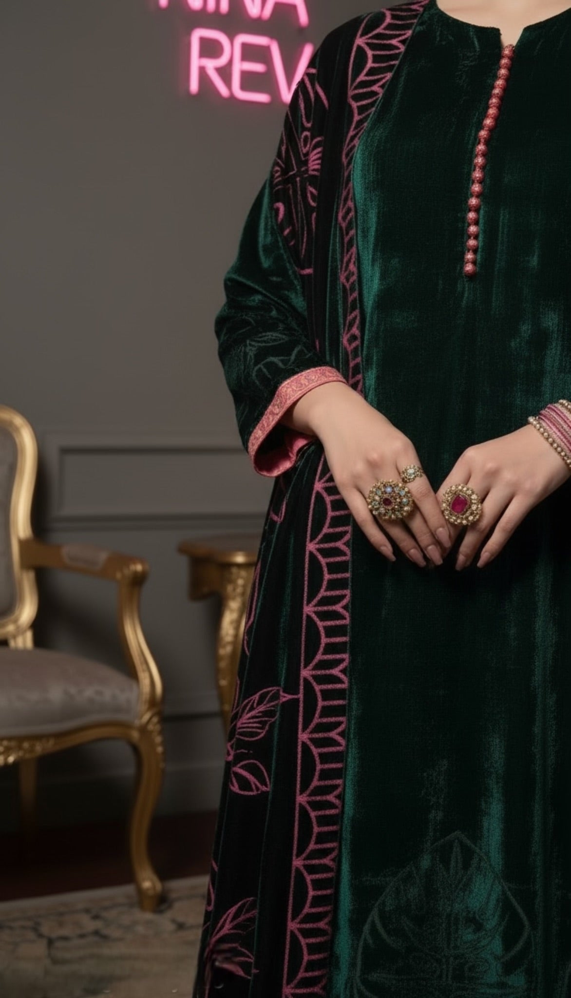 Zinnia French Velvet Green 3 Pcs Dress with Palachi Shawl