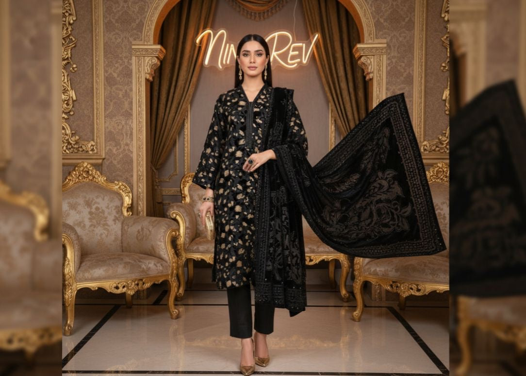 Full Black Palachi Velvet Dress with Palachi Shawl and Velvet Trouser