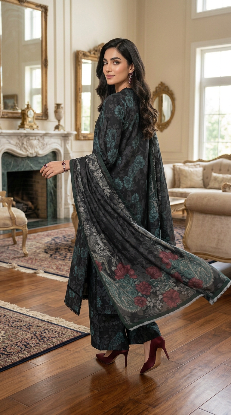 Mahnur Grey Ready to Wear 3 Pcs Marina Dress with Marina Shawl