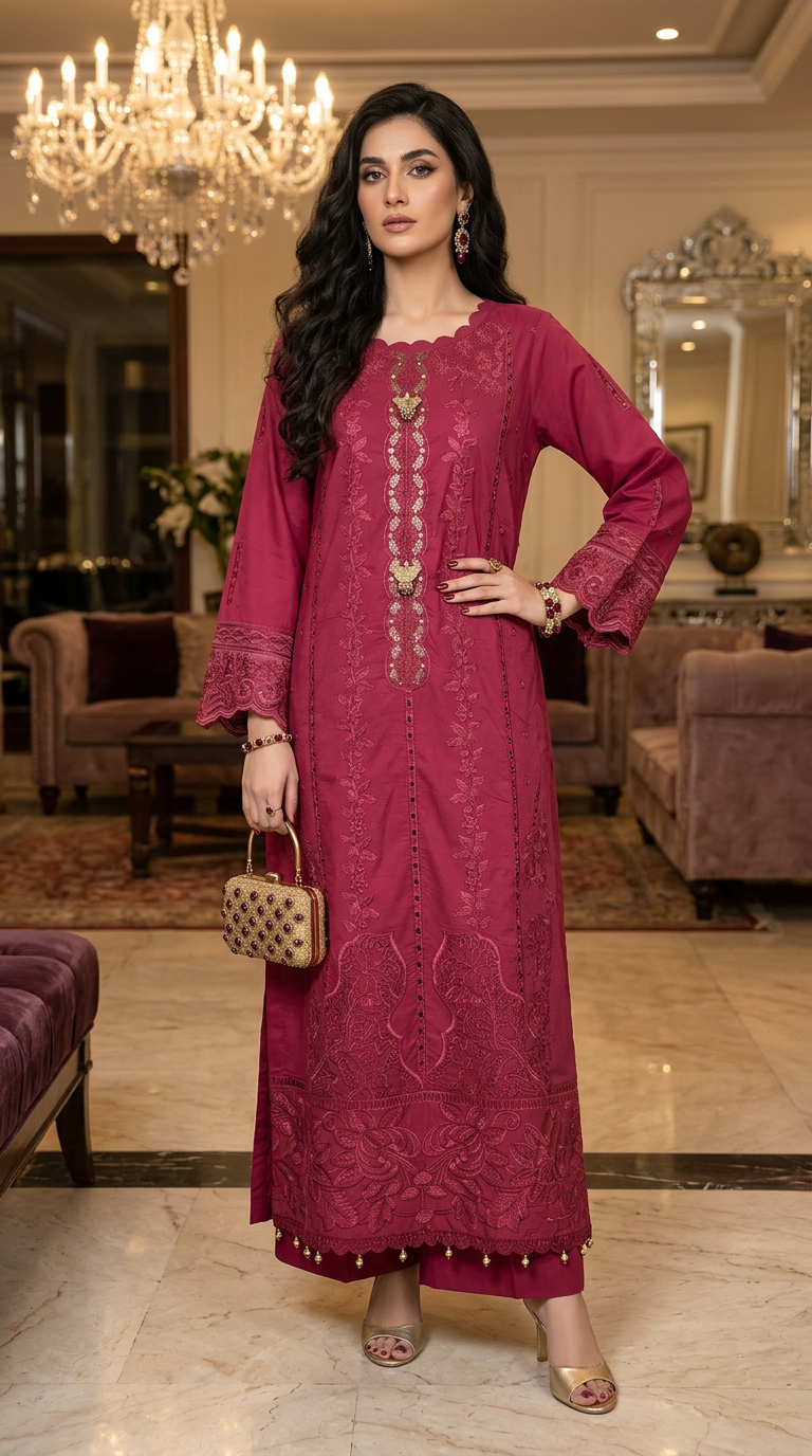 Jenia Pink Fully Embroidered 2 Pcs Kaftan Dress
