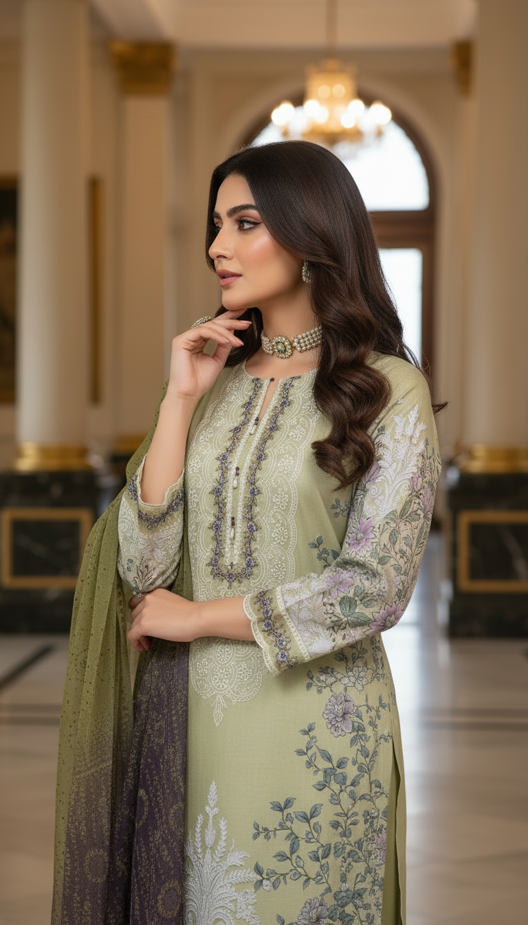 Jade Green Ready to Wear 3 Pcs Embroidered Dress