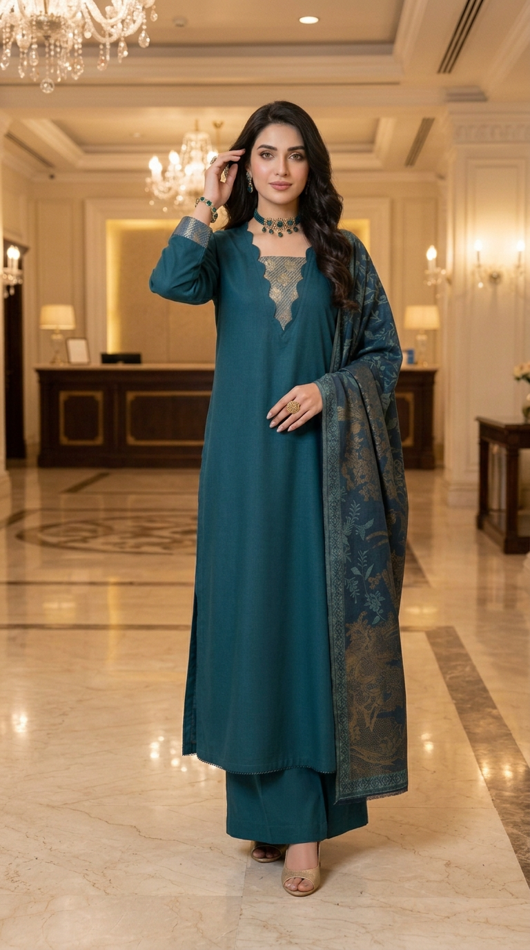 Sultana Teal Exclusive Kani Shawl 3 Pcs Dress
