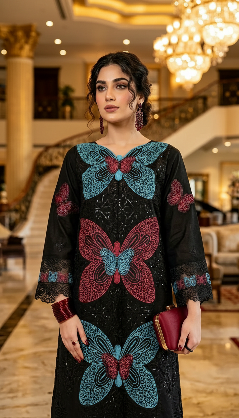 Black Butterfly Fully Embroidered 2 Pcs Kaftan Dress