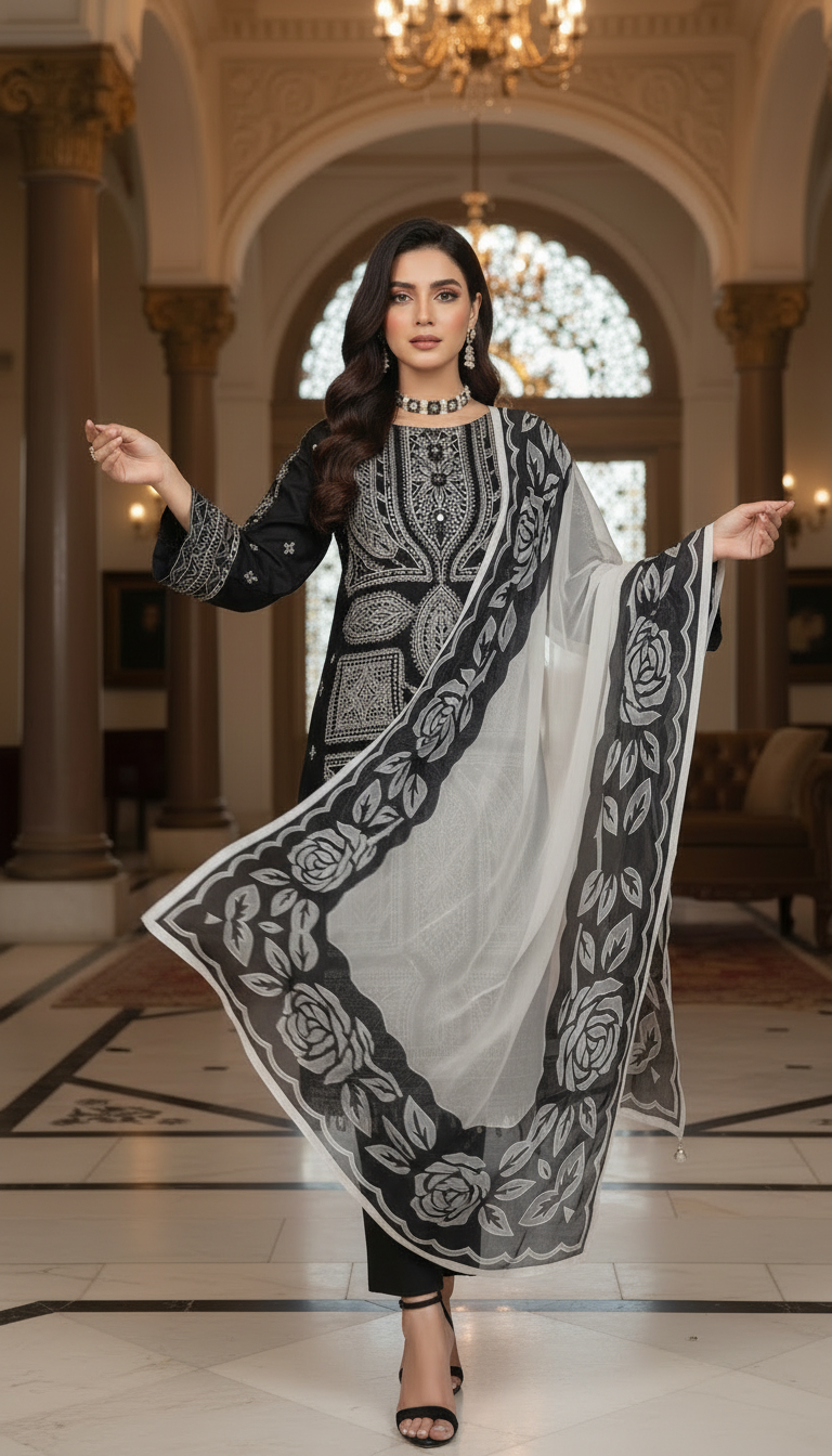 Black Purity Ready to Wear 3 Pcs Embroidered Dress