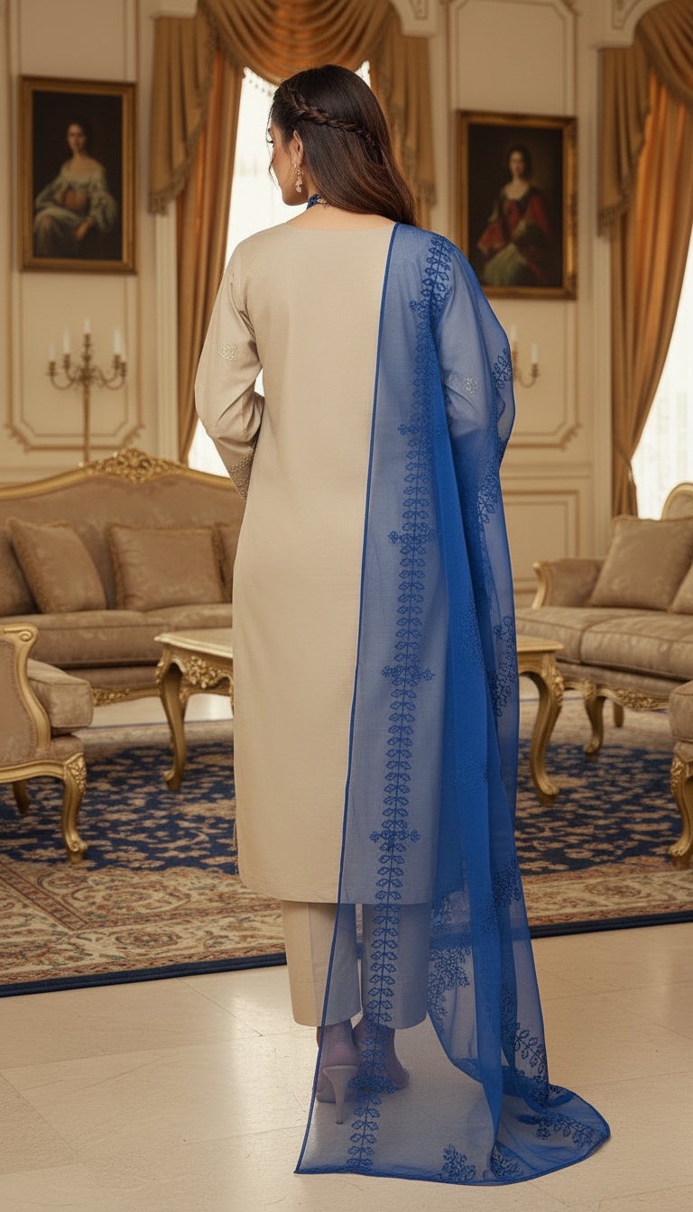 Beige and Blue Ready to Wear 3 Pcs Embroidered Dress