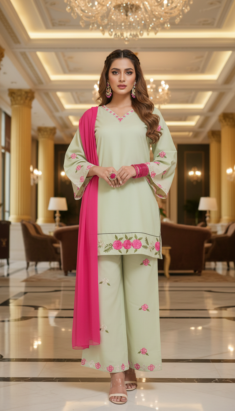 Maham Pistachio Ready to Wear 3 Pcs Embroidered Dress