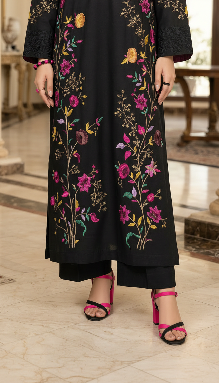 Black Flora Multicolour Fully Embroidered 2 Pcs Dress