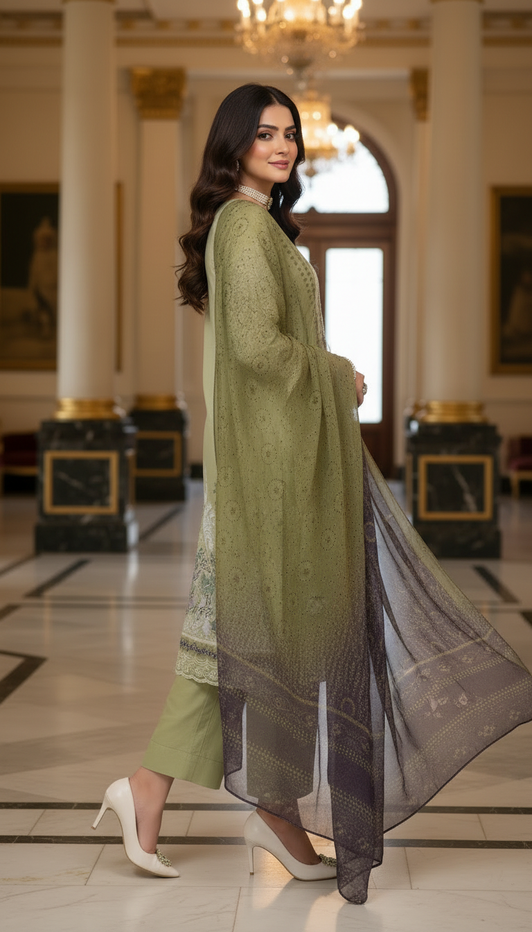 Jade Green Ready to Wear 3 Pcs Embroidered Dress