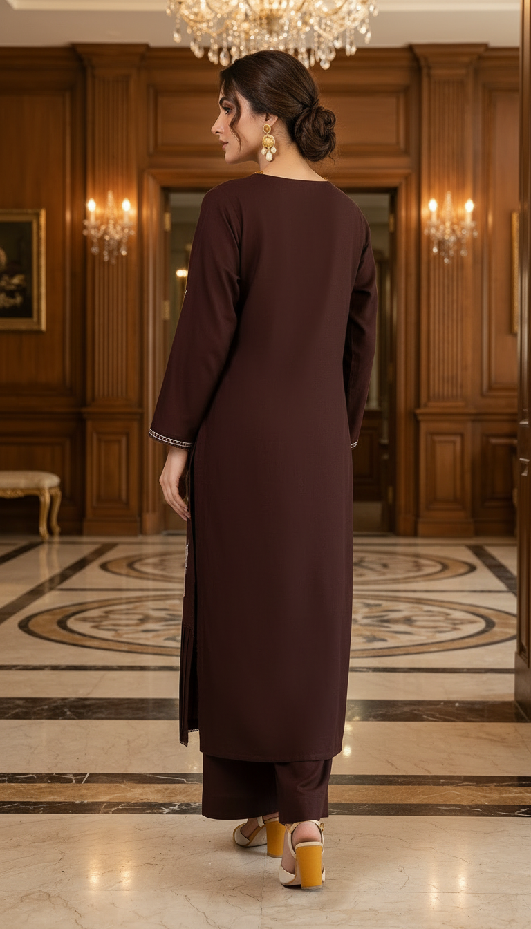 Brown Flower Ready to Wear 2 Pcs Embroidered Kaftan Dress
