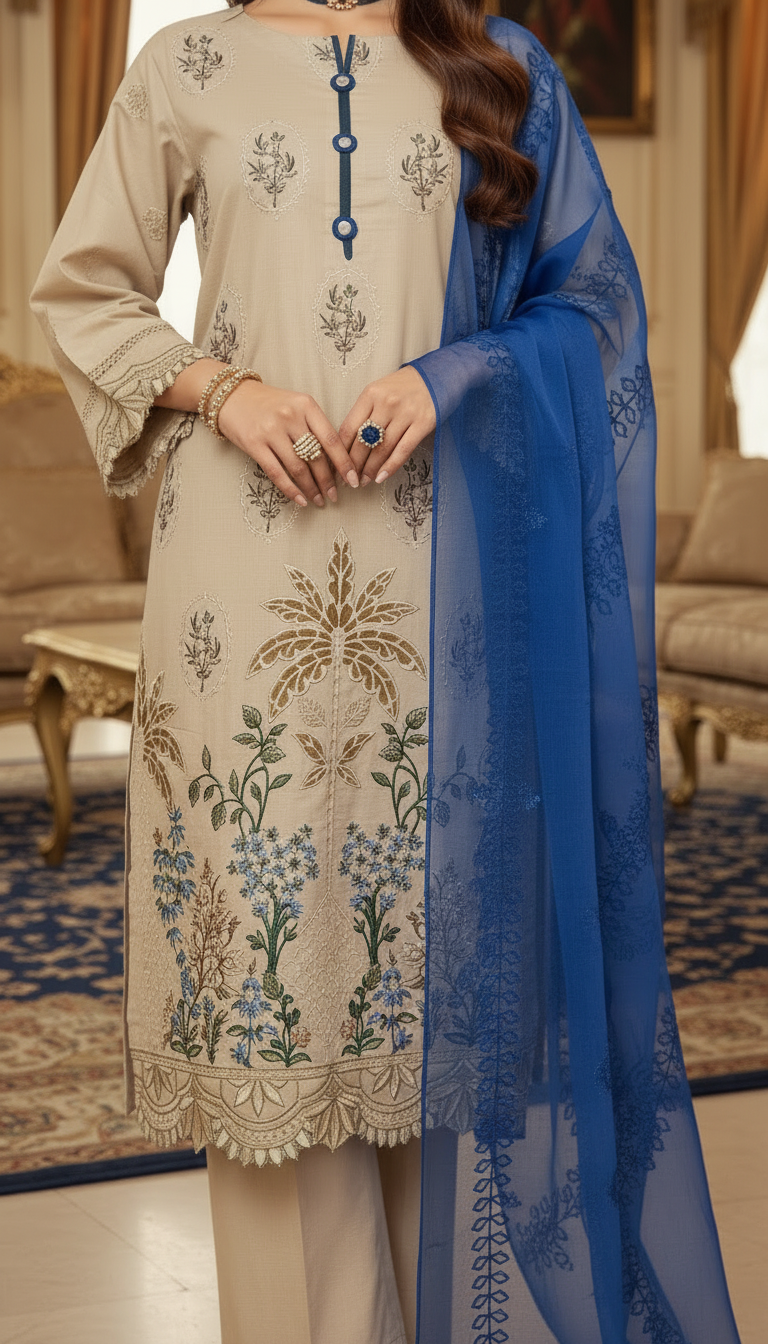 Beige and Blue Ready to Wear 3 Pcs Embroidered Dress