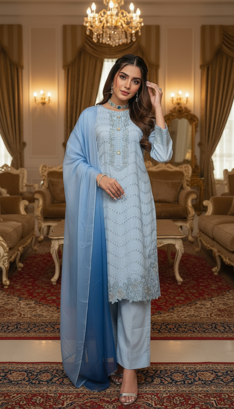 Sky Blue Chikankari Ready to Wear 3 Pcs Embroidered Dress