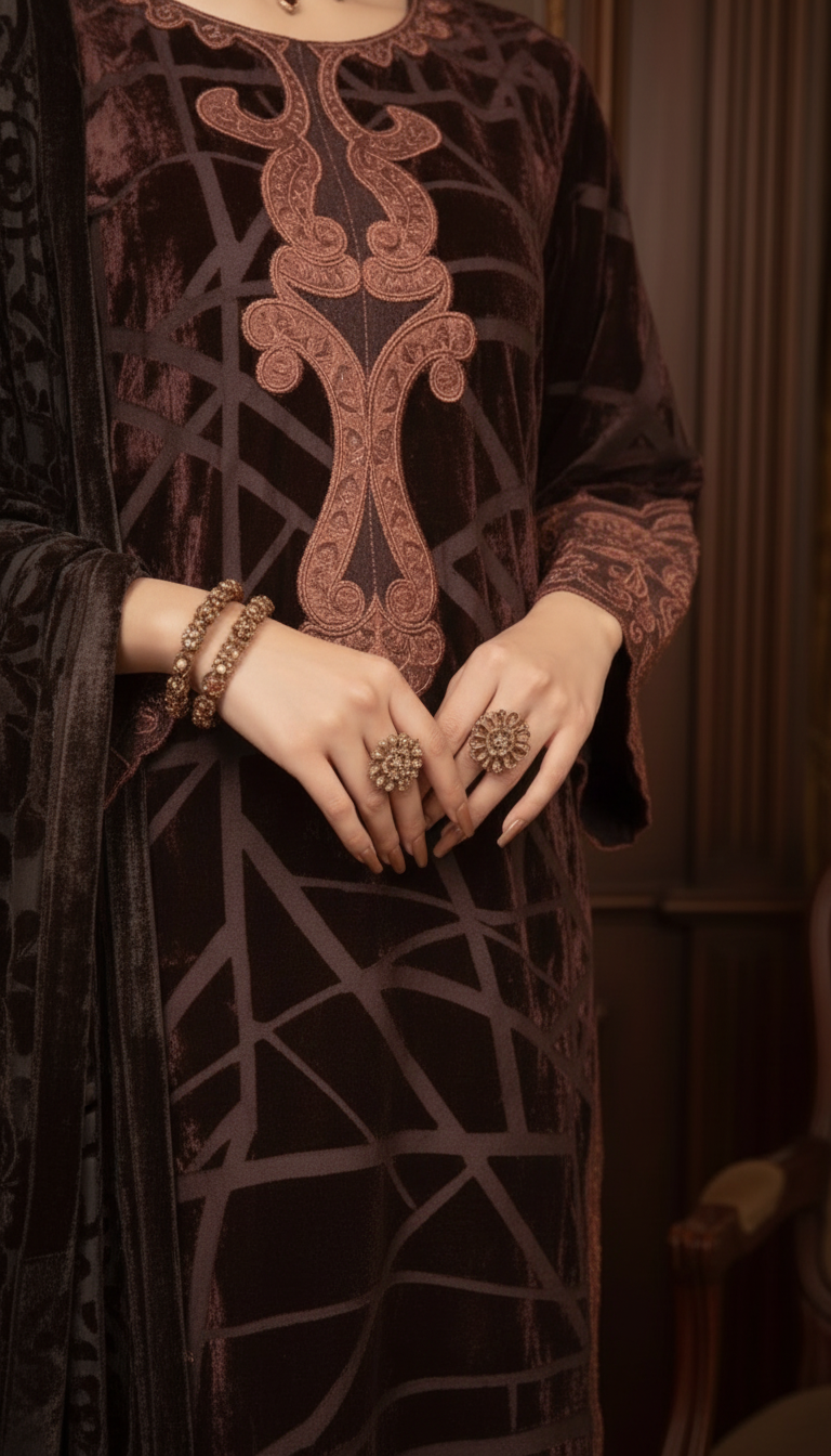 Lyra Brown French Velvet Embroidered 3 Pcs Dress with Palachi shawl