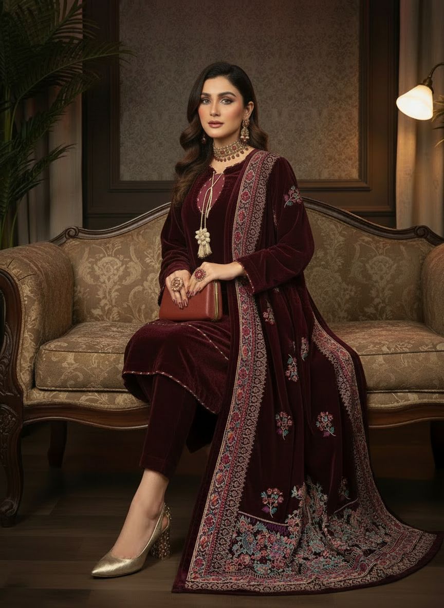 Lajwanti Maroon velvet Ready to Wear Dress with Velvet Shawl