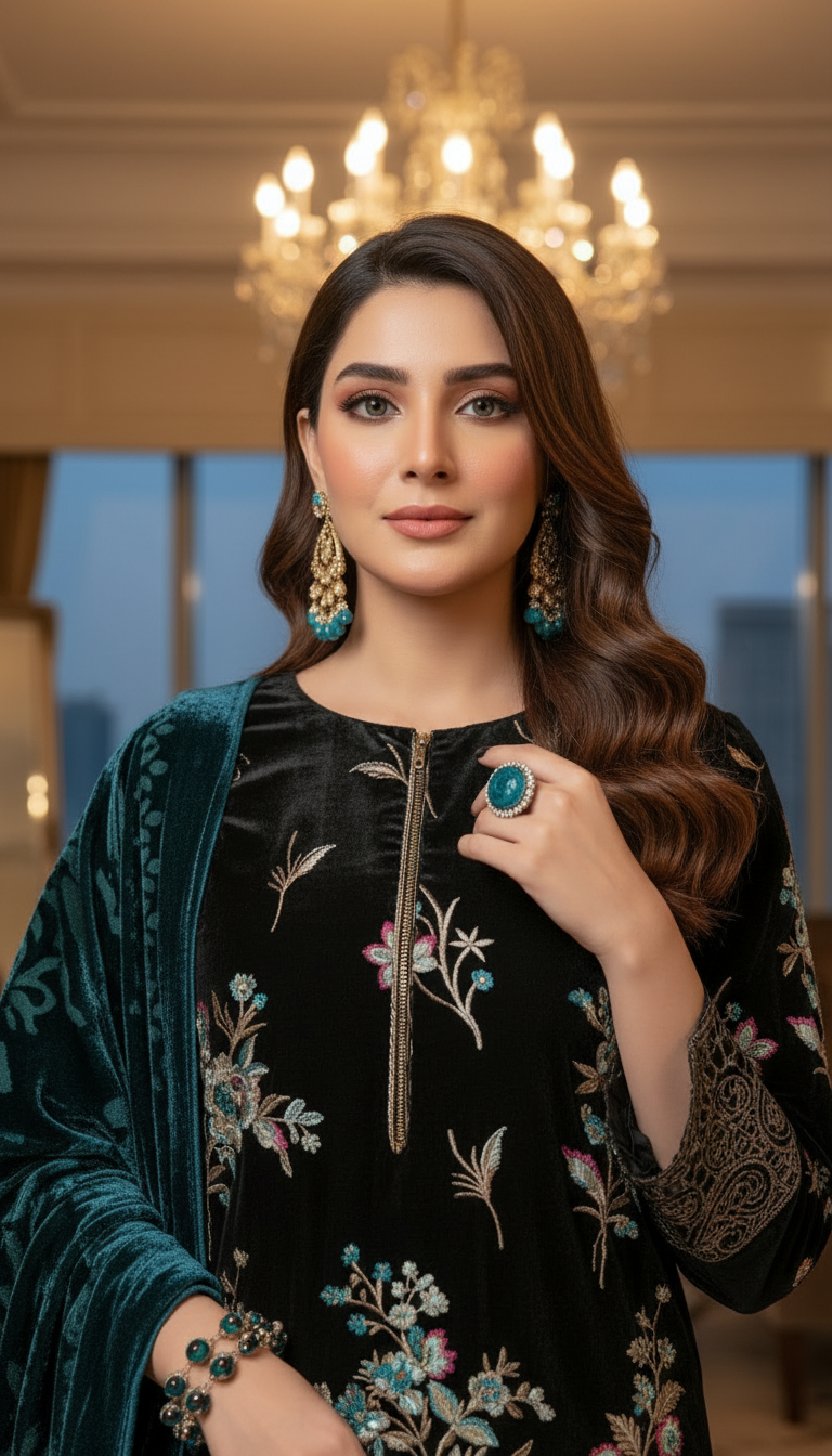 Marvi Black Velvet Ready to Wear 3 Pcs Embroidered Dress