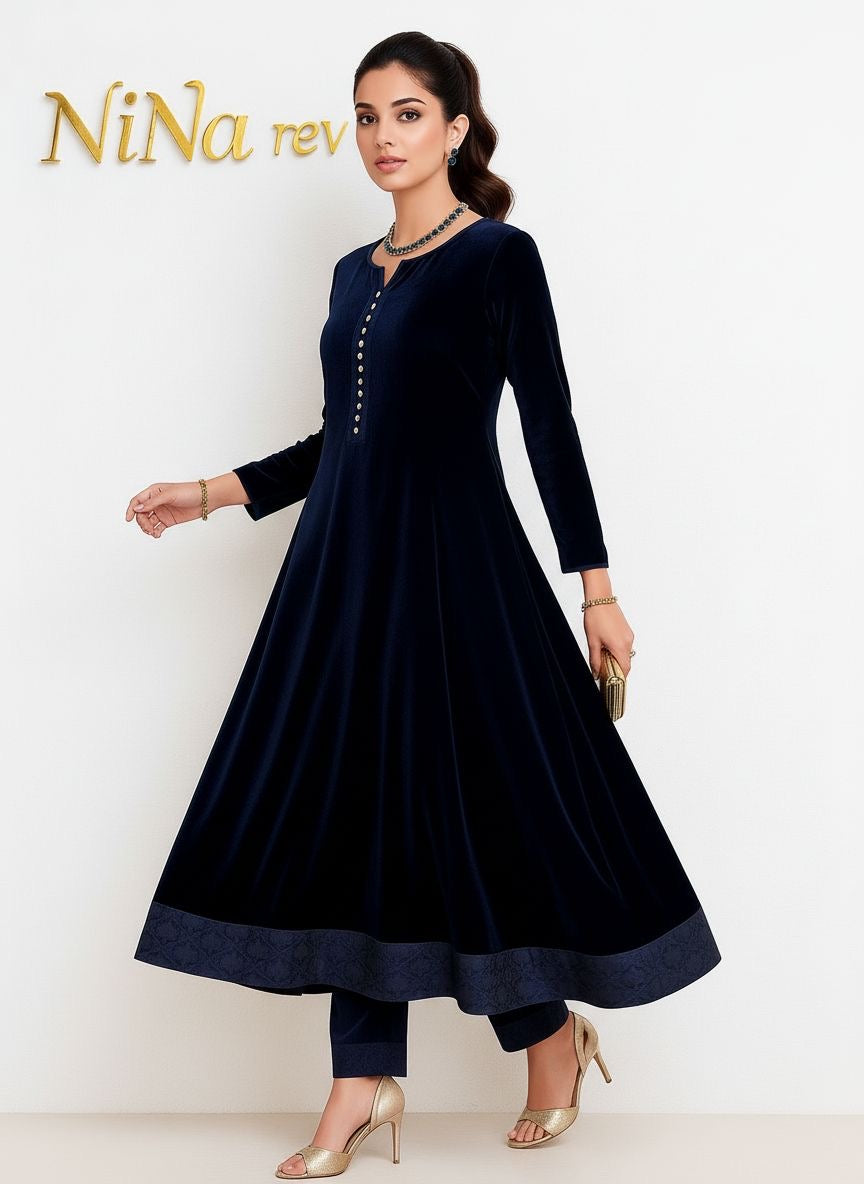 Regal Blue Velvet 2 Pcs Dress hi