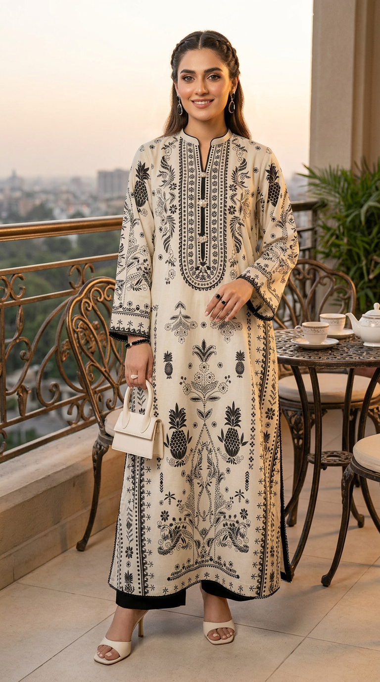 Rafia Off white Ready to Wear 2 Pcs Linen Kaftan