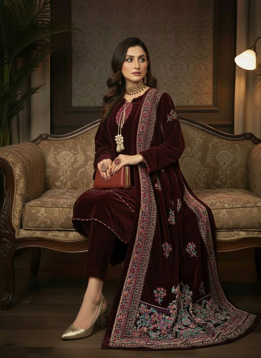 Lajwanti Maroon velvet Ready to Wear Dress with Velvet Shawl