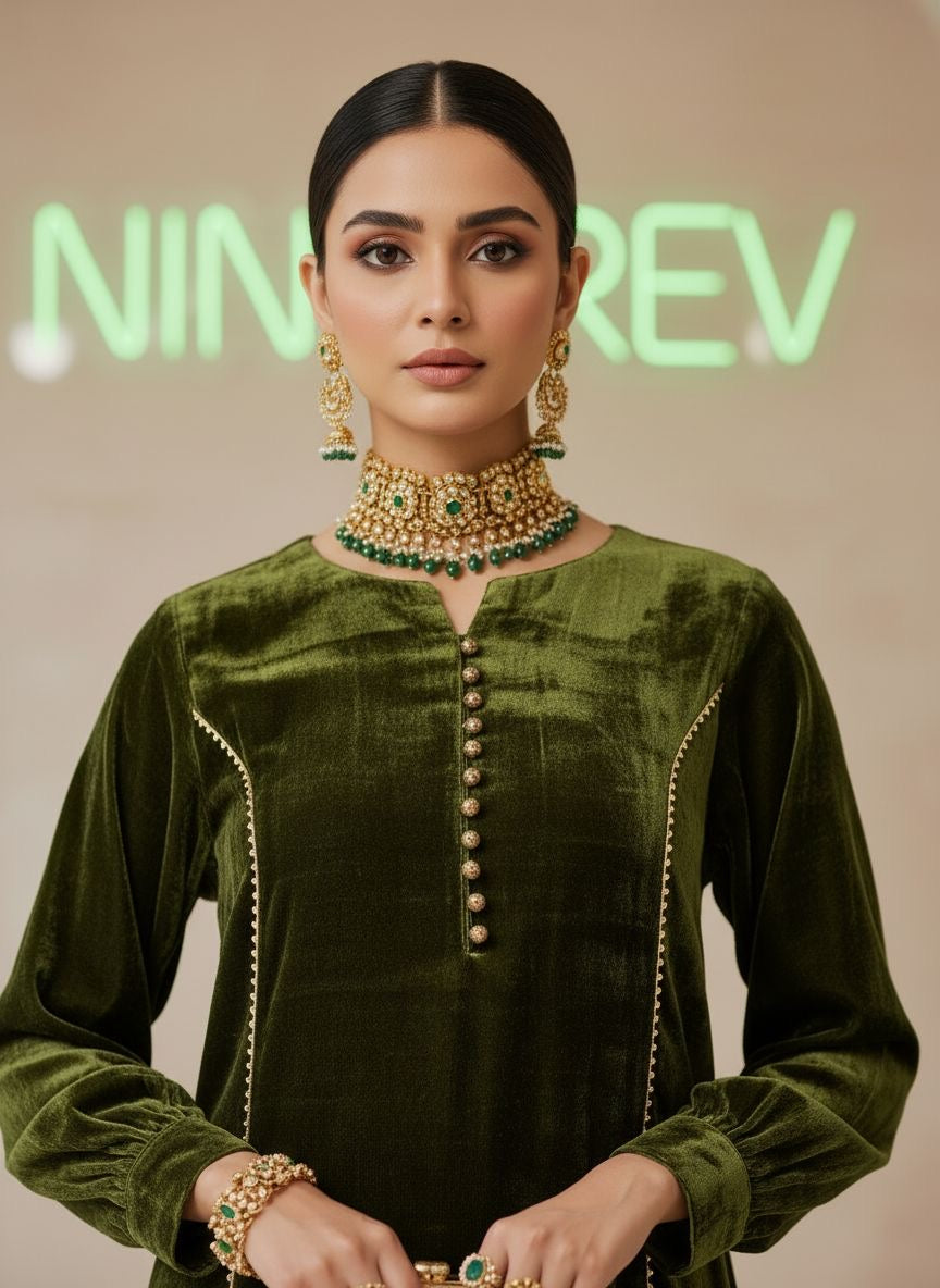Green Velvet De Luxe Ready to Wear 2 Pcs Dress