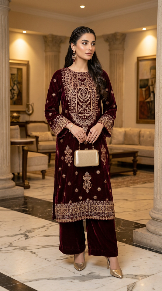 Maroon gold Velvet Ready to Wear 2 Pcs Embroidered Dress