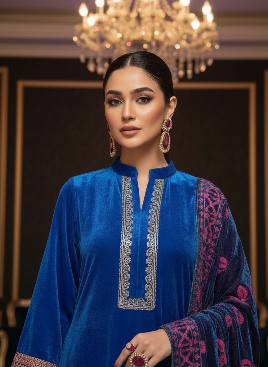 Royal Blue Embroidered Velvet 3 Pcs Dress with Palachi Shawl