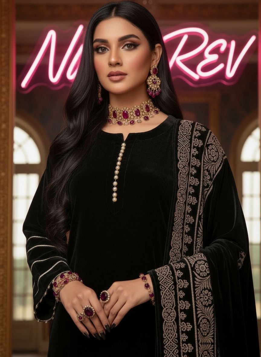 Gulnaz Black Velvet Ready to Wear 3 Pcs Dress