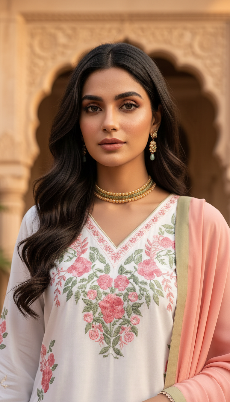 Hiba Cream Ready to Wear 3 Pcs Embroidered Dress