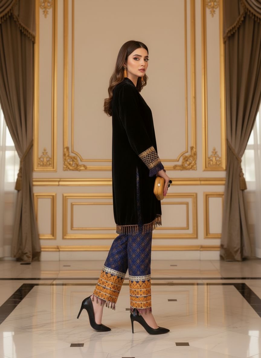 Kamyar Black Velvet 2 Pcs Dress with fully Embroidered Trouser