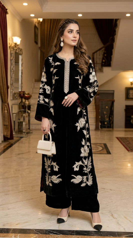 Zona Black Velvet Ready to Wear 2 Pcs Embroidered Dress
