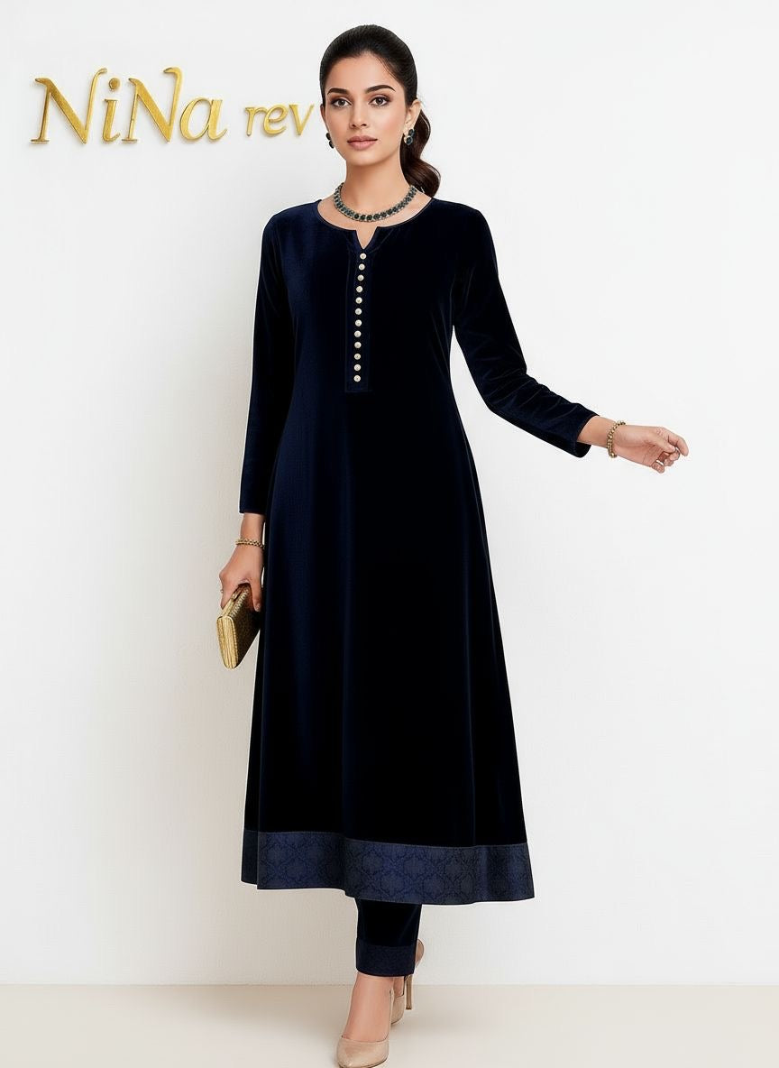 Regal Blue Velvet 2 Pcs Dress hi