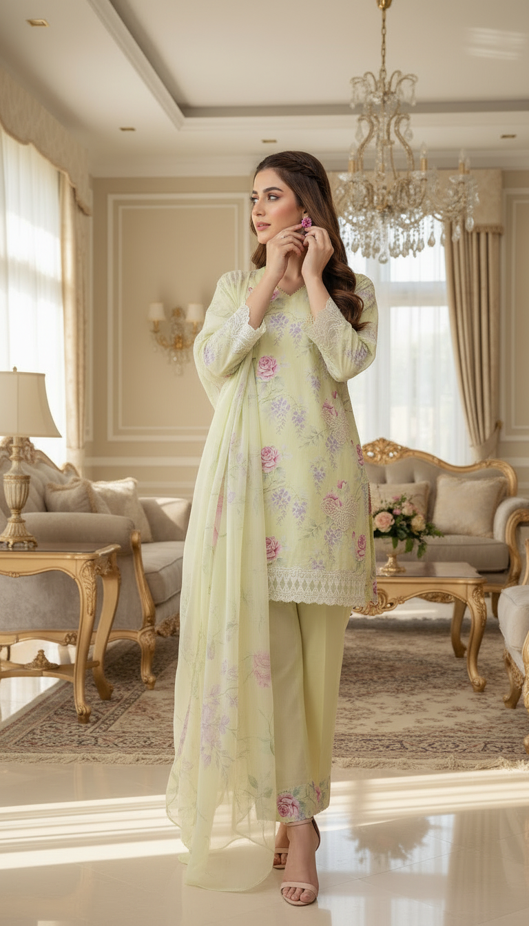Gulzar Pale Ready to Wear 3 Pcs Embroidered Dress with Chiffon dopatta