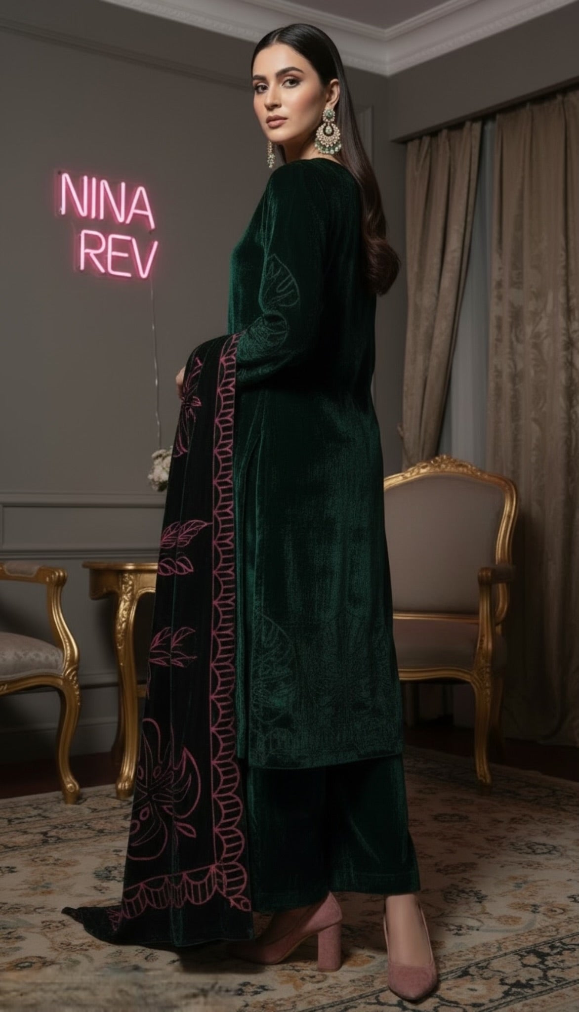 Zinnia French Velvet Green 3 Pcs Dress with Palachi Shawl