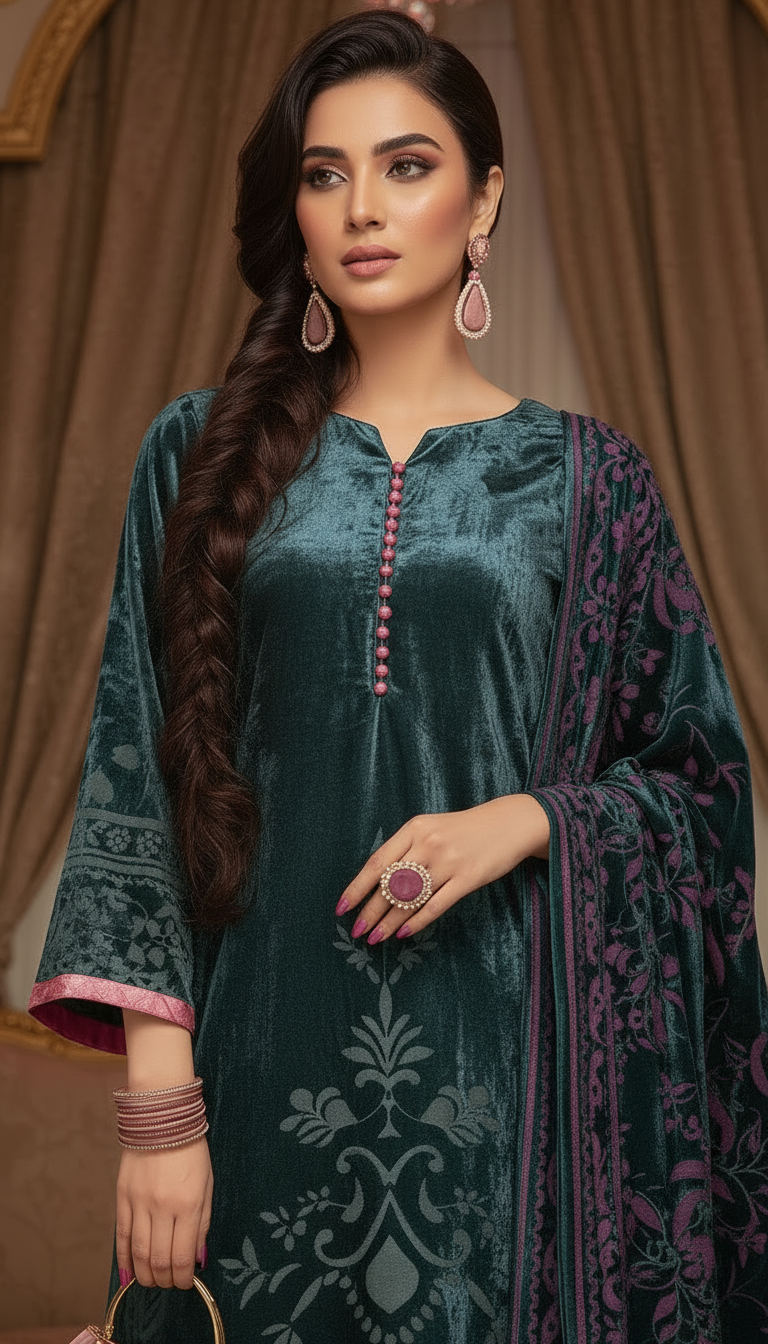 Dina French Velvet Grey Ready to Wear Dress with Palachi Shawl