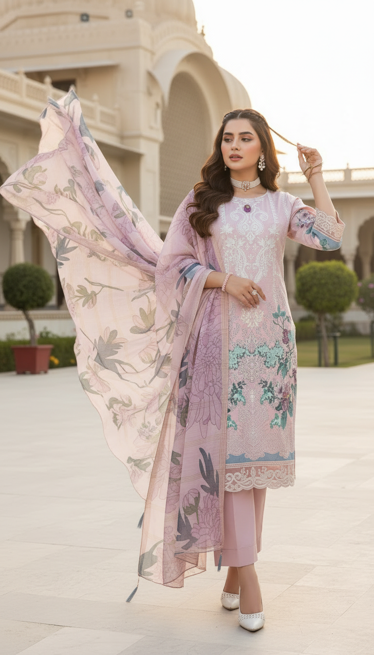 Butterfly Pink Ready to Wear 3 pcs Embroidered Dress