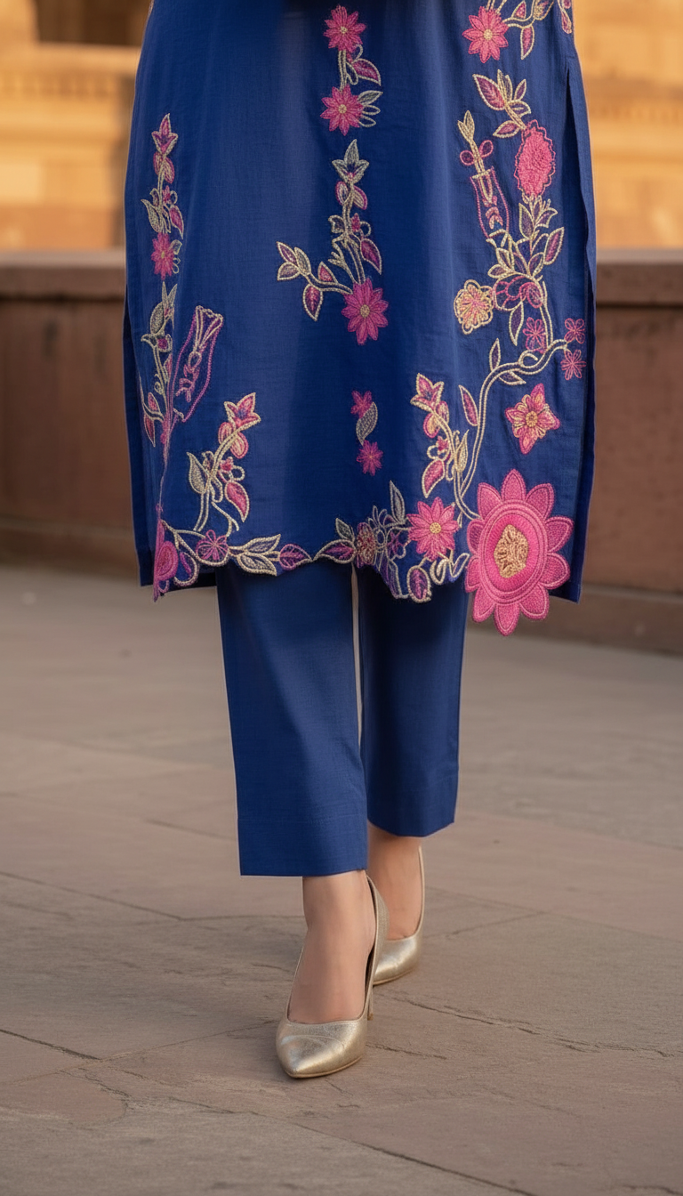 Amber Royal blue Embroidered 2 pcs Kaftan