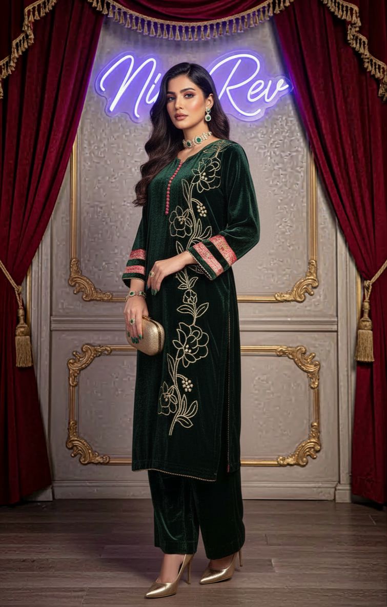 Karam Green Velvet Ready to Wear 2 Pcs Embroidered Dress